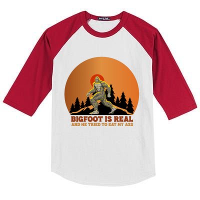 Bigfoot Is Real And He Tried To Eat My Ass Funny Sasquatch Kids Colorblock Raglan Jersey