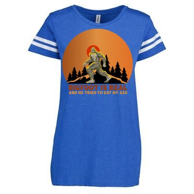 Bigfoot Is Real And He Tried To Eat My Ass Funny Sasquatch Enza Ladies Jersey Football T-Shirt