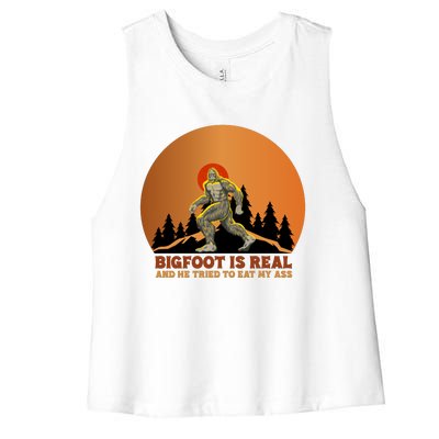 Bigfoot Is Real And He Tried To Eat My Ass Funny Sasquatch Women's Racerback Cropped Tank