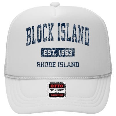 Block Island Rhode Island Ri Vintage Athletic Sports Design High Crown Mesh Back Trucker Hat