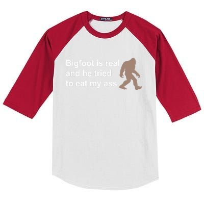 Bigfoot Is Real And He Tried To Eat My Ass Hat Kids Colorblock Raglan Jersey