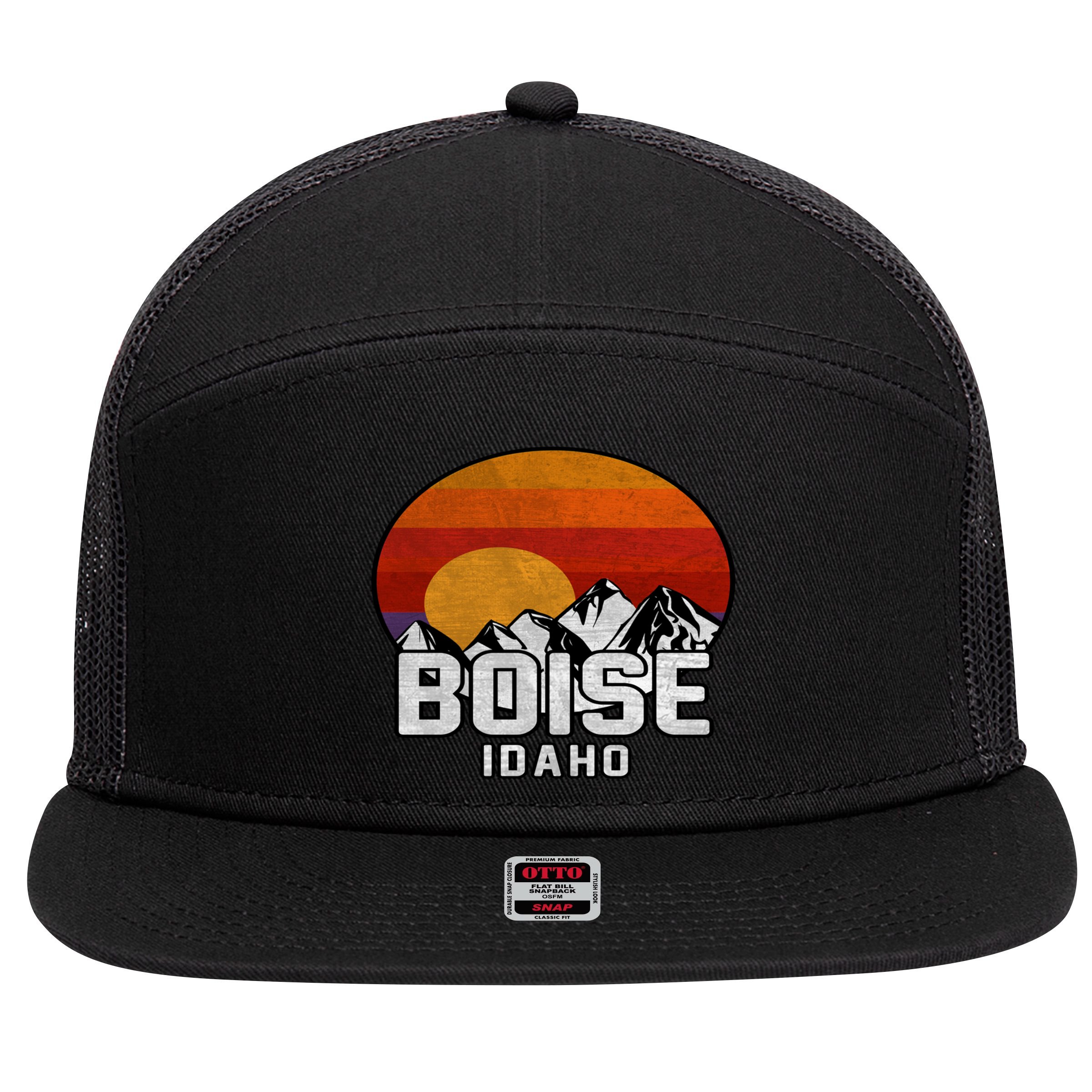 Boise Idaho Retro Mountain Sunset Gift 7 Panel Mesh Trucker Snapback Hat
