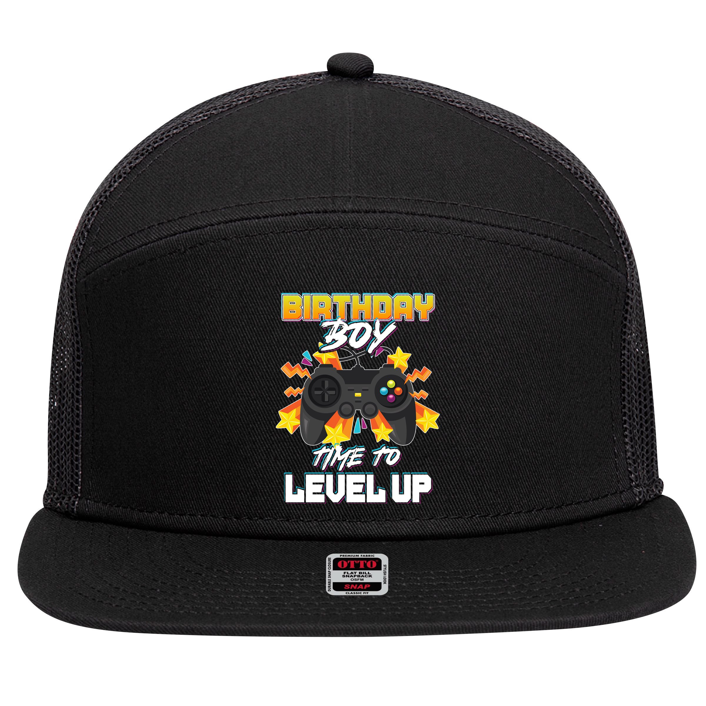 Birthday Boy Time to Level Up Video Gamer Cute Funny 7 Panel Mesh Trucker Snapback Hat