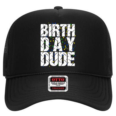 Birthday Dude With Confetti High Crown Mesh Back Trucker Hat