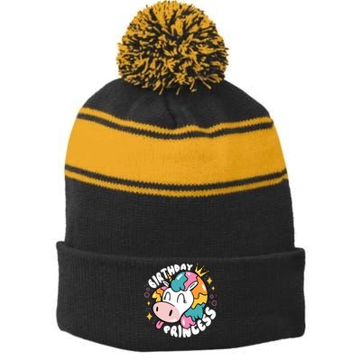 Birthday Princess Unicorn Stripe Pom Pom Beanie