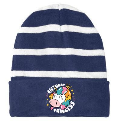 Birthday Princess Unicorn Striped Beanie with Solid Band