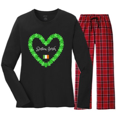 Boston Irish St. Paddy's Day Shamrock Heart Women's Long Sleeve Flannel Pajama Set 