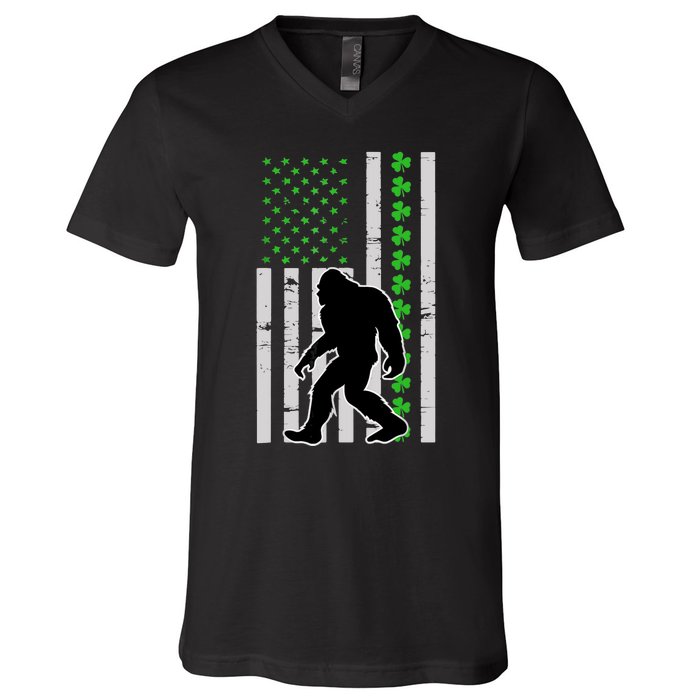 Bigfoot Irish St Patricks Day USA Flag Boy Sasquatch V-Neck T-Shirt