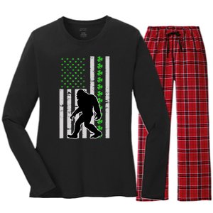 Bigfoot Irish St Patricks Day USA Flag Boy Sasquatch Women's Long Sleeve Flannel Pajama Set 