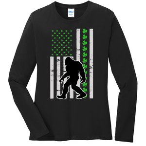 Bigfoot Irish St Patricks Day USA Flag Boy Sasquatch Ladies Long Sleeve Shirt