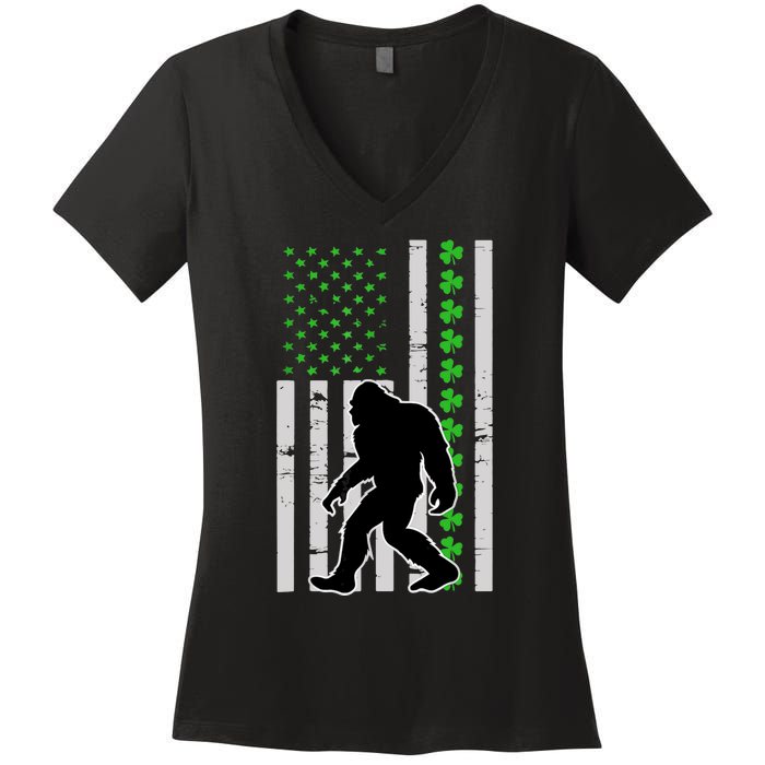 Bigfoot Irish St Patricks Day USA Flag Boy Sasquatch Women's V-Neck T-Shirt