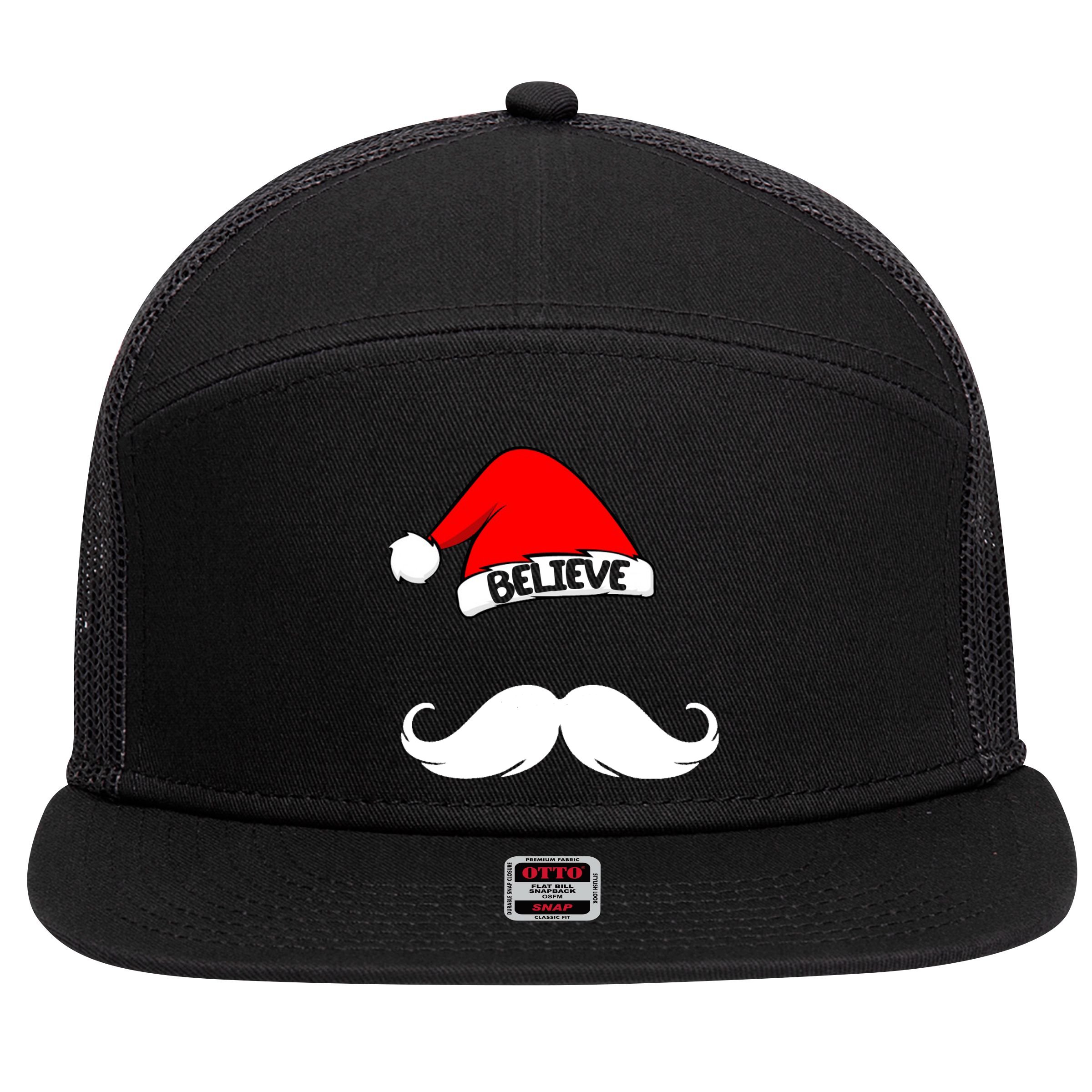 Believe In Santa Funny Mustache 7 Panel Mesh Trucker Snapback Hat