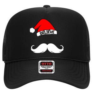 Believe In Santa Funny Mustache High Crown Mesh Back Trucker Hat