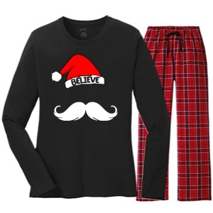 Believe In Santa Funny Mustache Women's Long Sleeve Flannel Pajama Set 