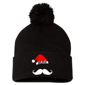 Believe In Santa Funny Mustache Pom Pom 12in Knit Beanie