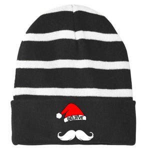 Believe In Santa Funny Mustache Striped Beanie with Solid Band