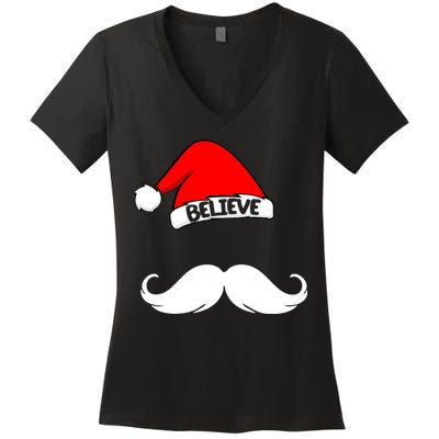 Believe In Santa Funny Mustache Women's V-Neck T-Shirt