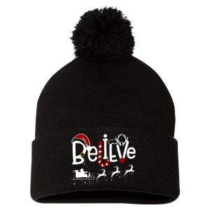 Believe In Santa Clause Christmas Pom Pom 12in Knit Beanie