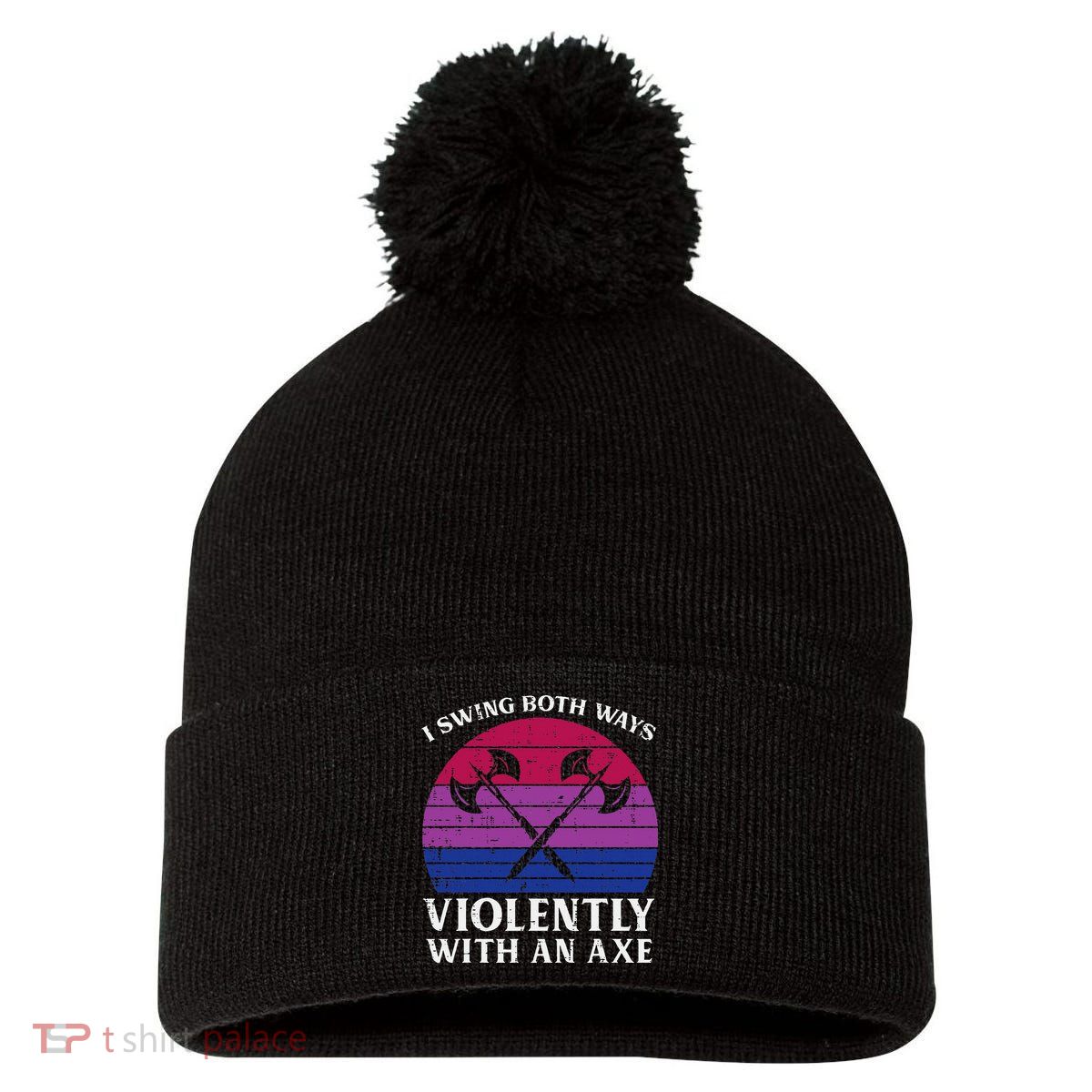 Bisexual I Swing Both Ways Axe Bi Pride Flag Lgbtq Pom Pom 12in Knit Beanie