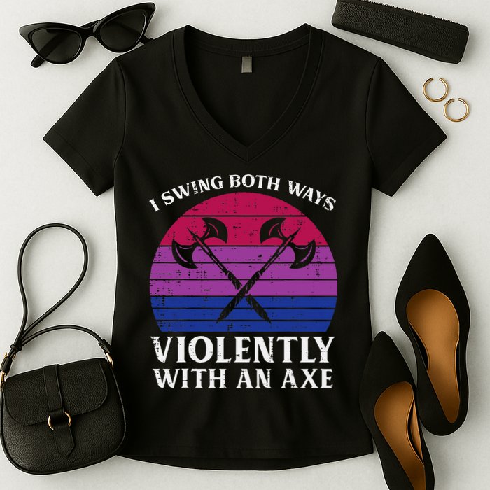 Bisexual I Swing Both Ways Axe Bi Pride Flag Lgbtq Women's V-Neck T-Shirt