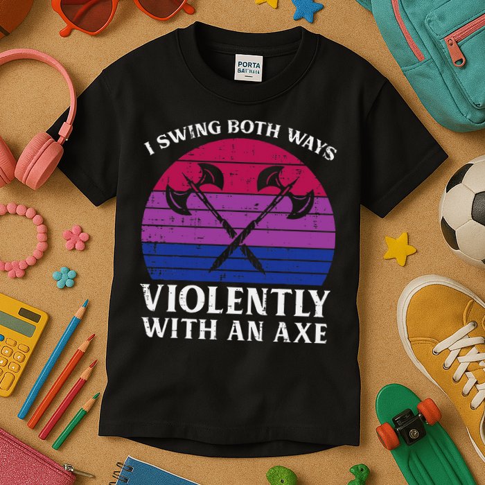 Bisexual I Swing Both Ways Axe Bi Pride Flag Lgbtq Kids T-Shirt