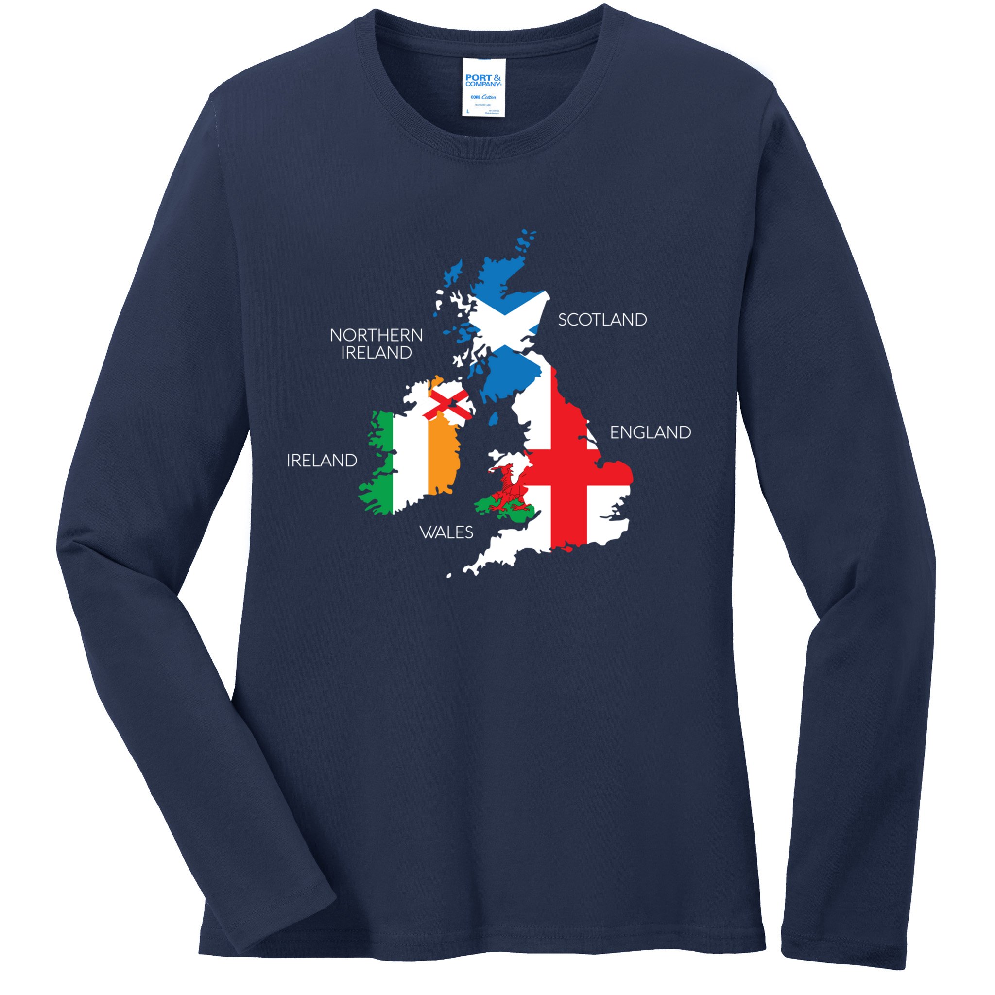 British Isles Sea Ireland Scotland Wales England Map Coins Ladies Long Sleeve Shirt