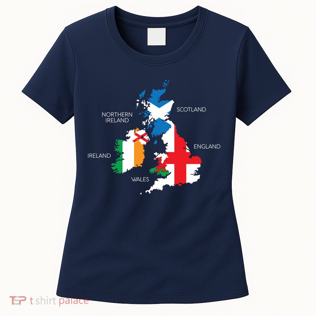 British Isles Sea Ireland Scotland Wales England Map Coins Womens T-Shirt