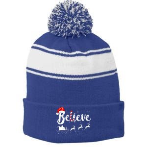 Believe In Santa Claus Believe Christmas Pajama Christmas Stripe Pom Pom Beanie