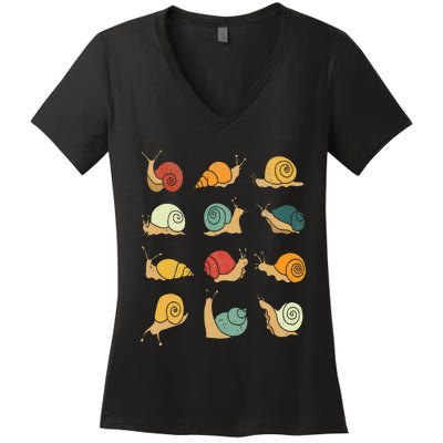 Beautifully Illustrated Snails Vintage Snail Lover Women's V-Neck T-Shirt