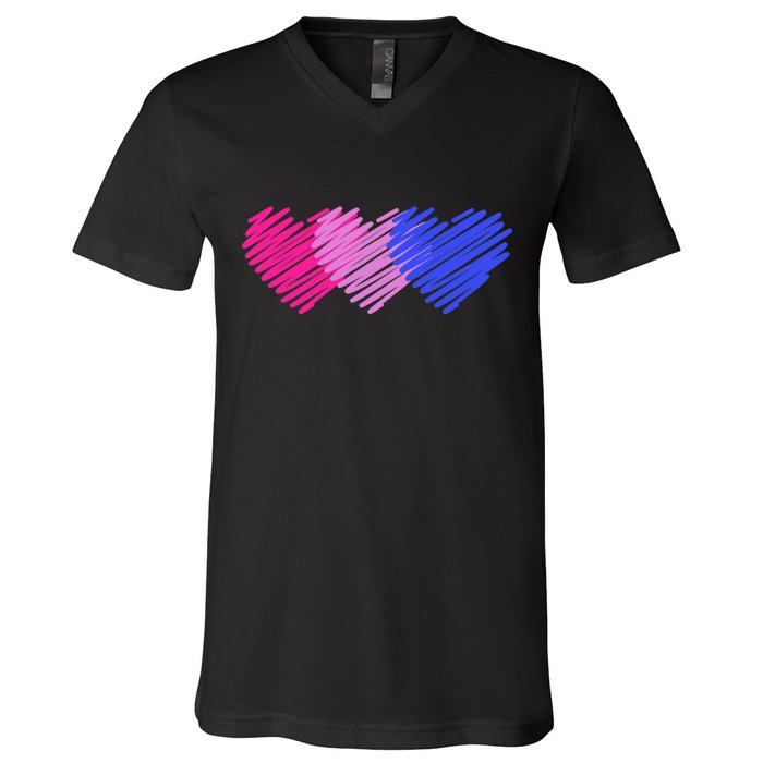 Bisexual Flag Hearts Love LGBT Bi Pride V-Neck T-Shirt