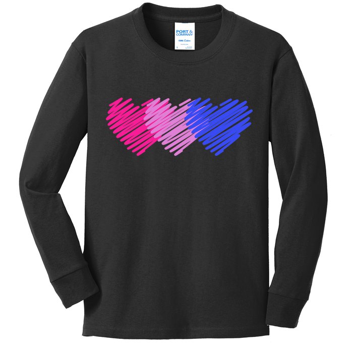 Bisexual Flag Hearts Love LGBT Bi Pride Kids Long Sleeve Shirt