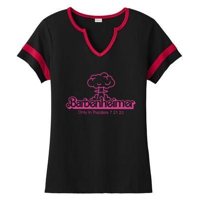 Barbenheimer In Theaters 7 21 23 Barb!e Oppenheimer Barb!e Movie Ladies Halftime Notch Neck Tee