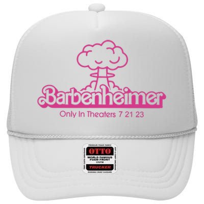 Barbenheimer In Theaters 7 21 23 Barb!e Oppenheimer Barb!e Movie High Crown Mesh Back Trucker Hat