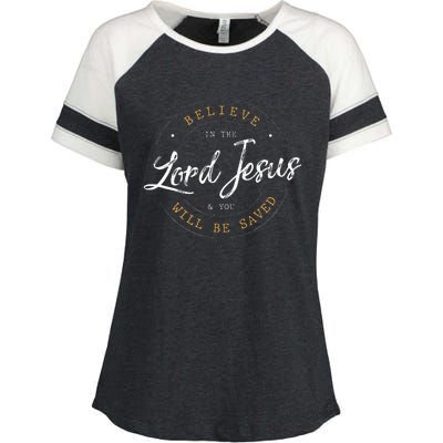 Believe in the Lord Jesus and your Saved Christian Enza Ladies Jersey Colorblock Tee