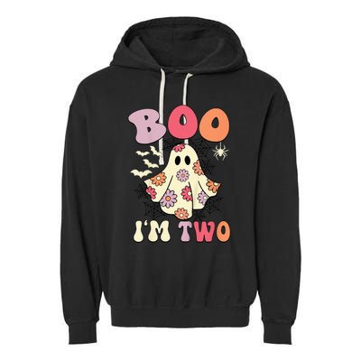 Boo IM Two Years Old 2nd Birthday Groovy Ghost Halloween Garment-Dyed Fleece Hoodie