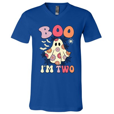 Boo IM Two Years Old 2nd Birthday Groovy Ghost Halloween V-Neck T-Shirt