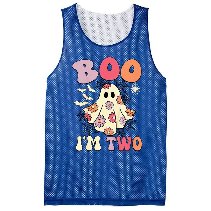 Boo IM Two Years Old 2nd Birthday Groovy Ghost Halloween Mesh Reversible Basketball Jersey Tank