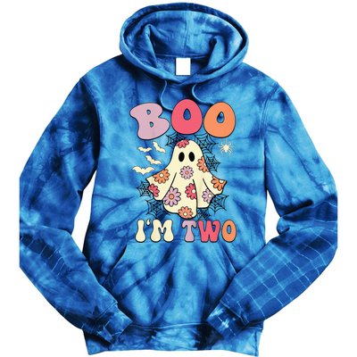 Boo IM Two Years Old 2nd Birthday Groovy Ghost Halloween Tie Dye Hoodie