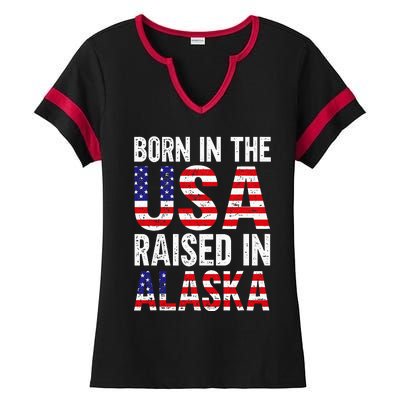 Born In The Usa Raised In Alaska Ladies Halftime Notch Neck Tee