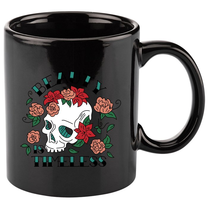 Beauty Is Timeless Skull Floral 11oz C Handle Ceramic Mug
