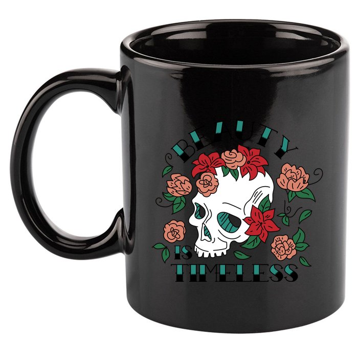Beauty Is Timeless Skull Floral 11oz C Handle Ceramic Mug