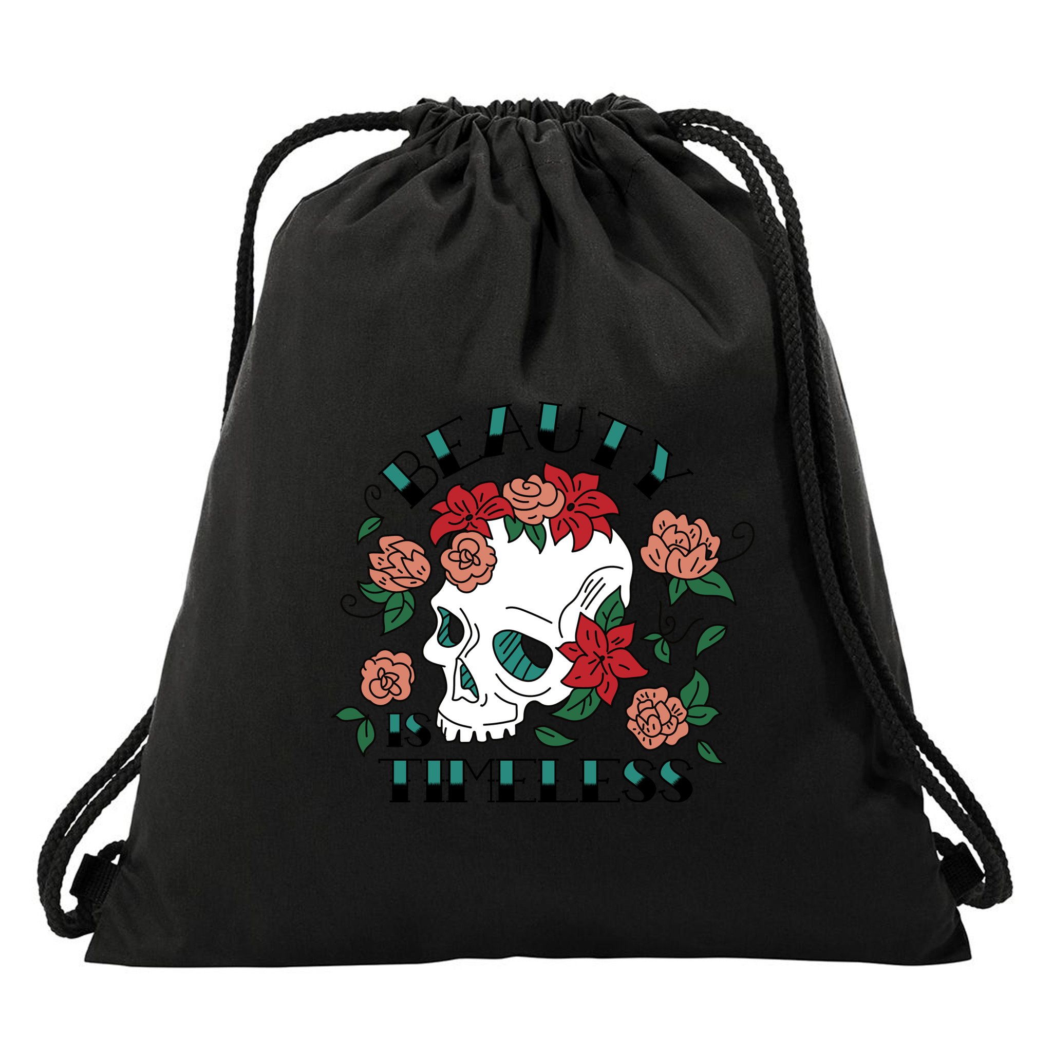 Beauty Is Timeless Skull Floral Drawstring Bag