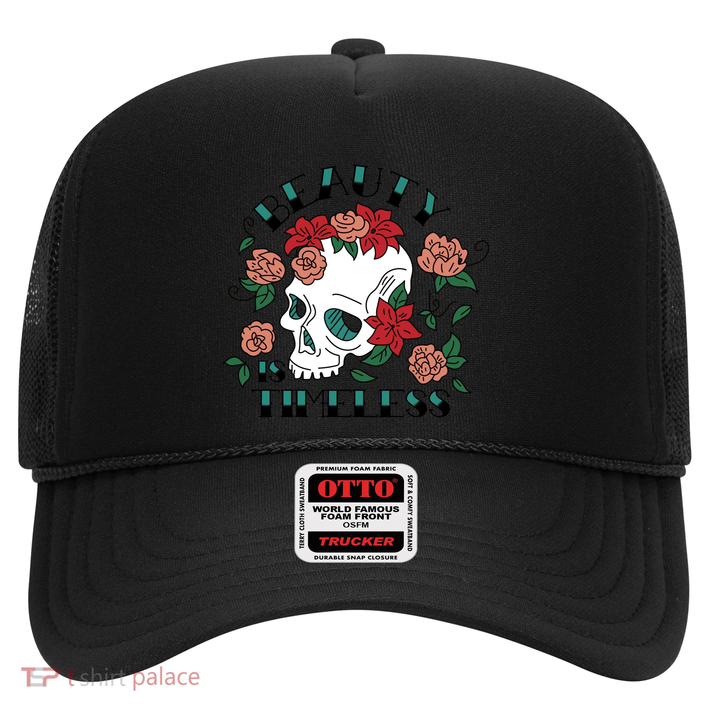 Beauty Is Timeless Skull Floral Trucker Hat