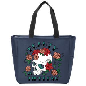 Beauty Is Timeless Skull Floral Zip Tote Bag