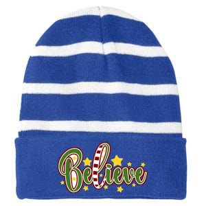 Believe In The Magic Of Christmas Gift Striped Beanie with Solid Band