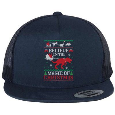 Believe In The Magic Of Christmas Dinosaur Rex Ugly Great Gift Flat Bill Trucker Hat