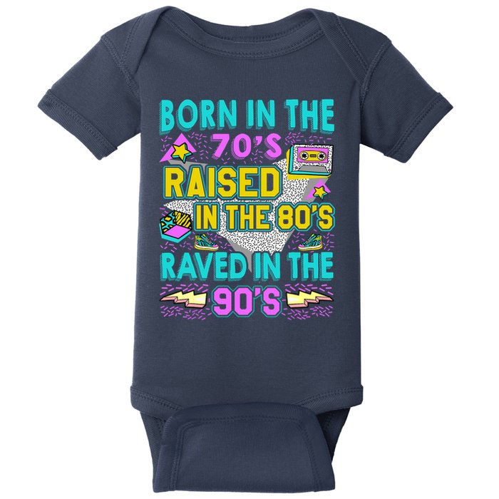 Born In The 70s Raised In The 80s Raved In The 90s Baby Bodysuit