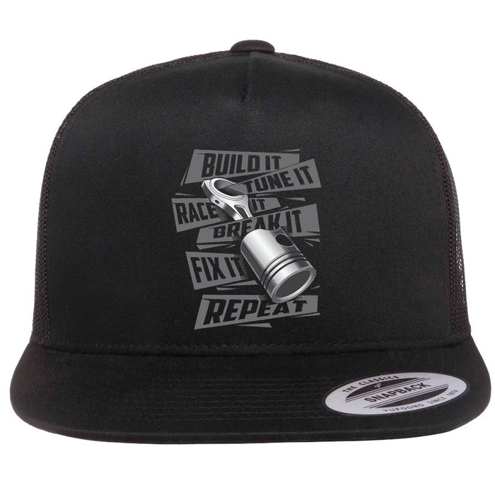 Build It Tune It Race It Repeat Car Enthusiast Flat Bill Trucker Hat