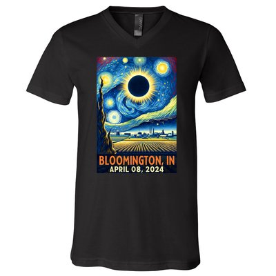 Bloomington Indiana Total Solar Eclipse 2024 Starry Night V-Neck T-Shirt