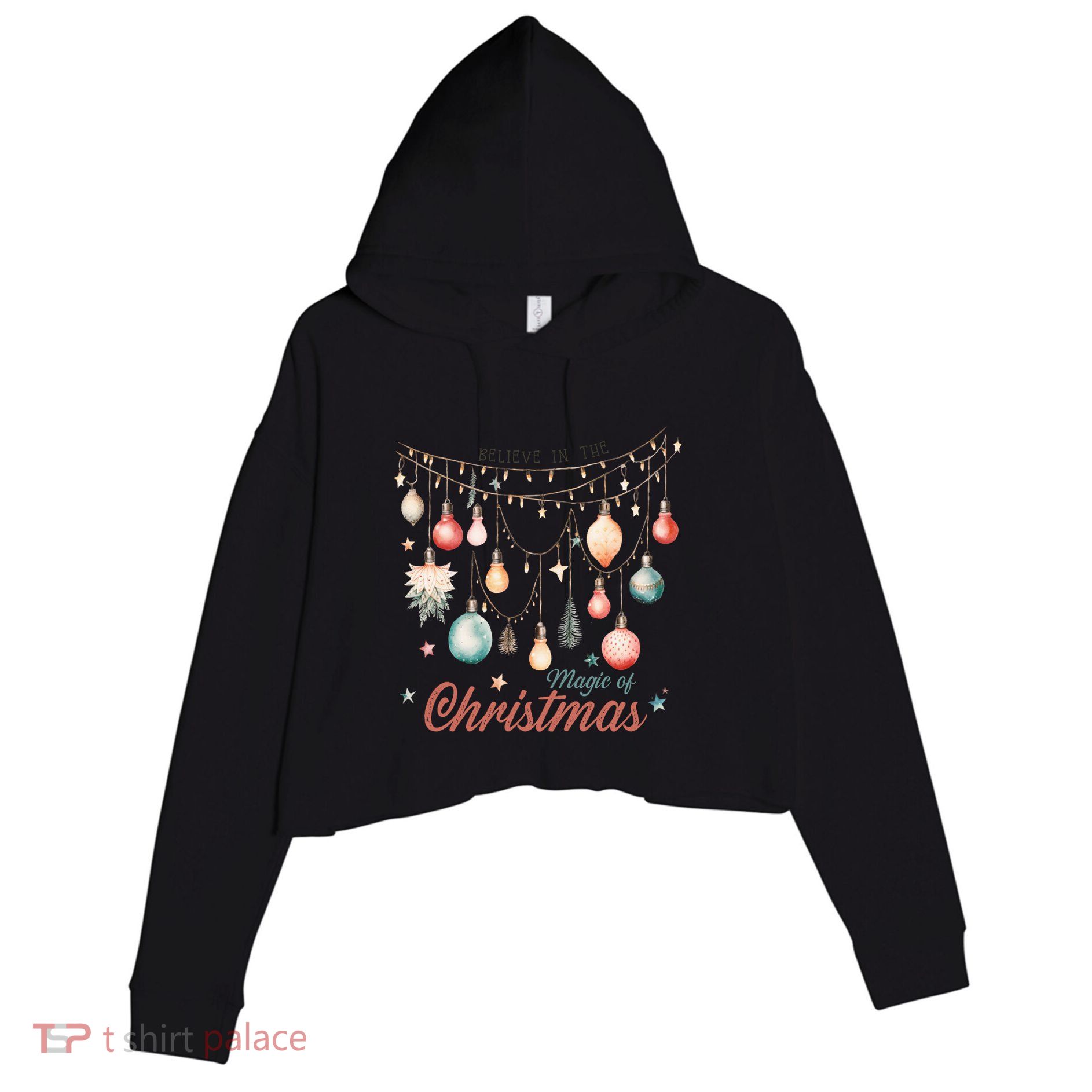 Believe In The Magic Of Christmas Vintage Lights Ornats Gift Crop Fleece Hoodie